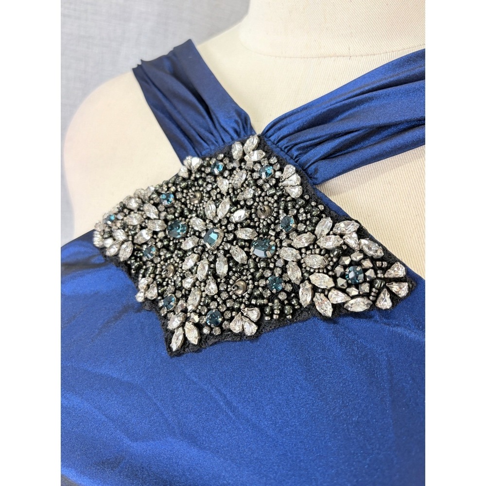 David Meister Sapphire Blue Jewel Embellished Halter Mermaid Gown 4 - Picture 8 of 11